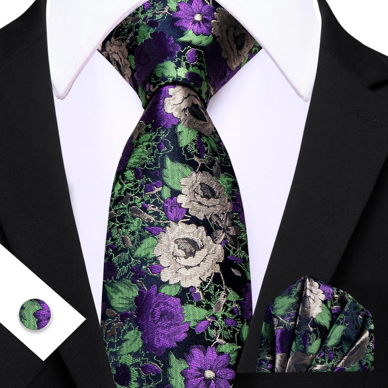 Barry.Wang Store Flower Ties for Men Handkerchief Cufflinks Set Wedding Necktie Set Party - Image 5